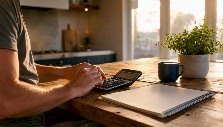 Hands using calculator and notebook reviewing finances